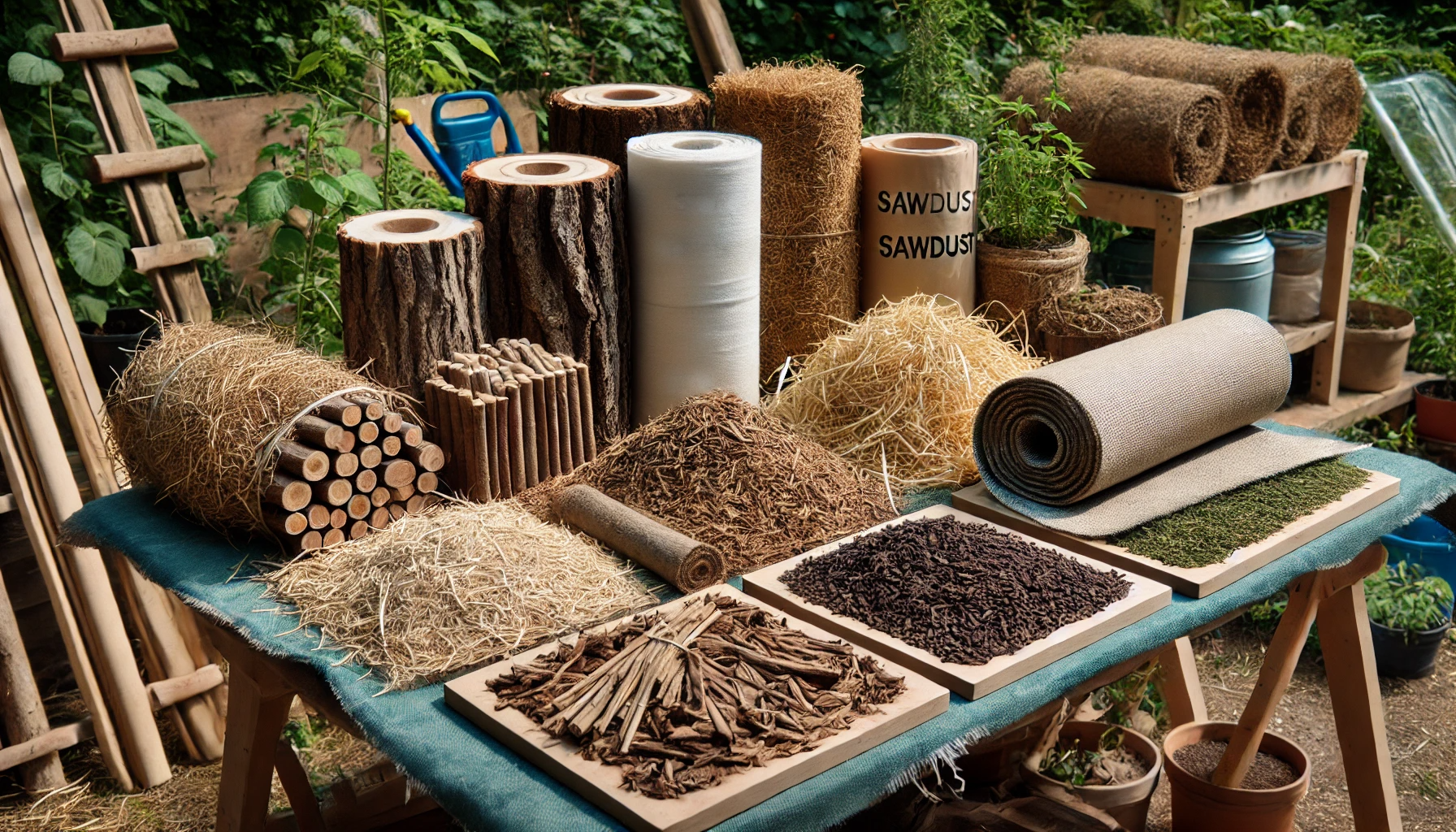 DALL·E_2024-10-25_09.57.12_-_A_table_displaying_various_types_of_mulch_materials__bark,_straw,_sawdust,_and_rolls_of_agro-fabric._The_materials_are_neatly_arranged,_with_the_organ.png